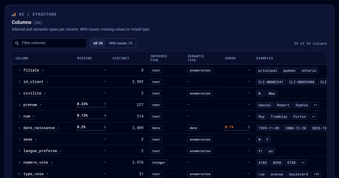 Columns: Inferred and semantic types per column. With issues: missing values or mixed type.