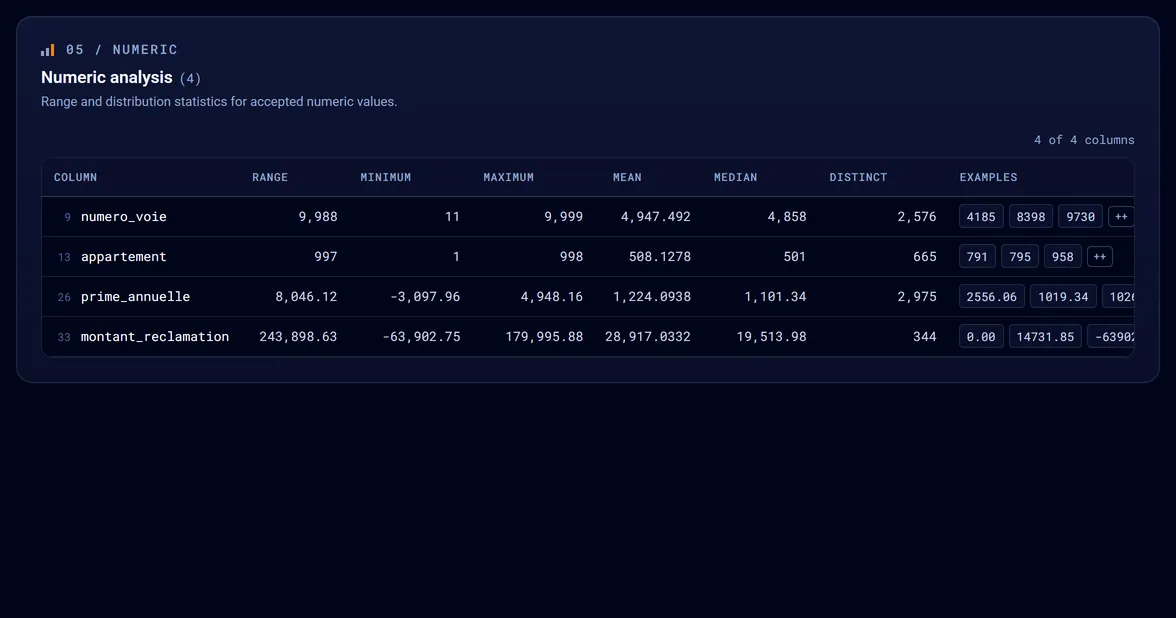 Numeric analysis: Range and distribution statistics for accepted numeric values.